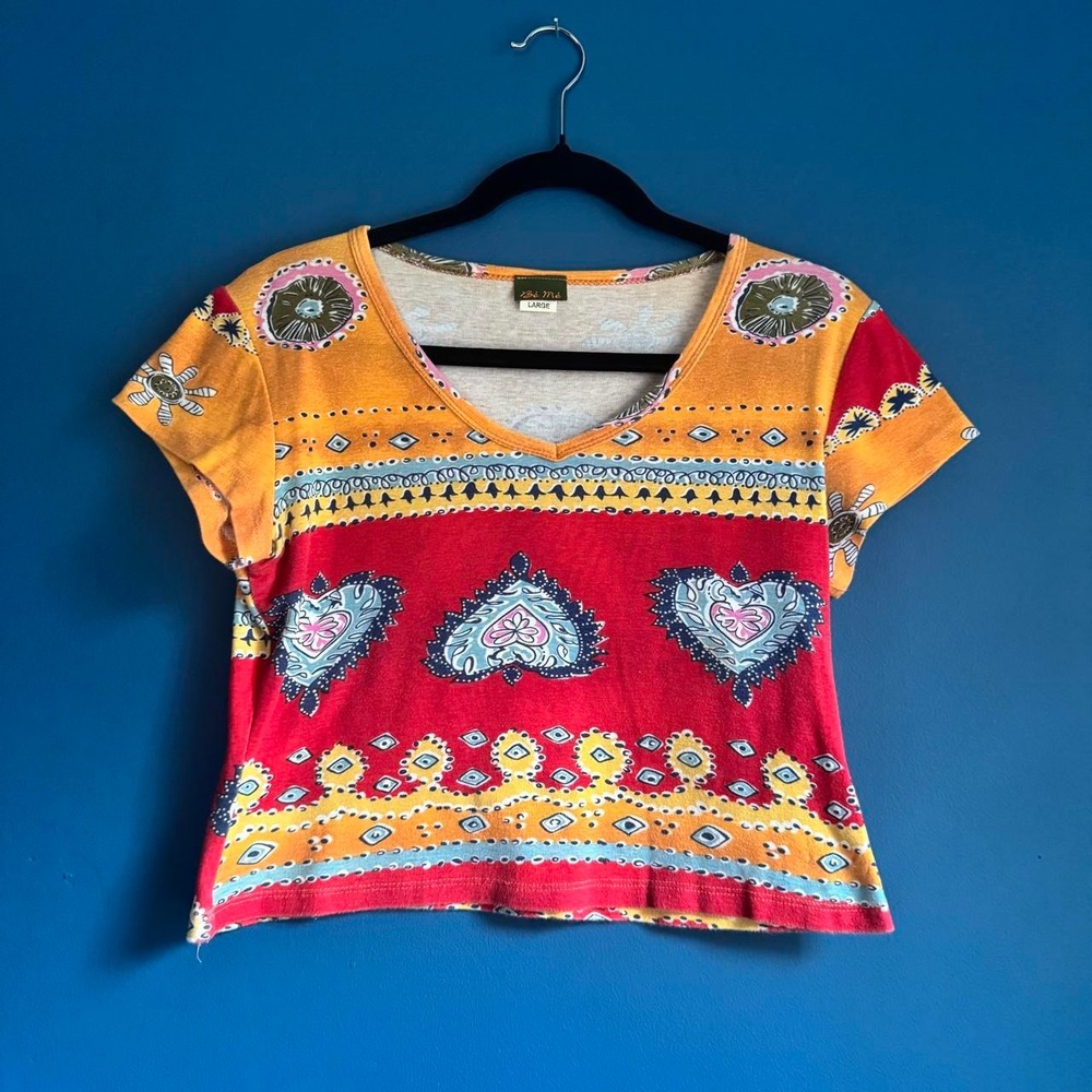 Vintage 90s Crop Top Women's Size Large V Neck Red Orange Pattern Bé Mé Flower